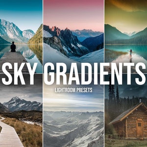 Puede incluir: Una colección de ajustes preestablecidos de Lightroom llamados "SKY GRADIENTS" que se pueden usar para mejorar el cielo en las fotografías. Los ajustes preestablecidos presentan una variedad de colores y degradados, incluidos el azul, el rosa, el naranja y el morado.