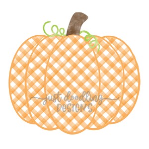 May include: Watercolor illustration of a pumpkin with an orange and white gingham pattern. The pumpkin has a brown stem and green vines. The text "just doodling DESIGNS" is written across the bottom of the pumpkin.