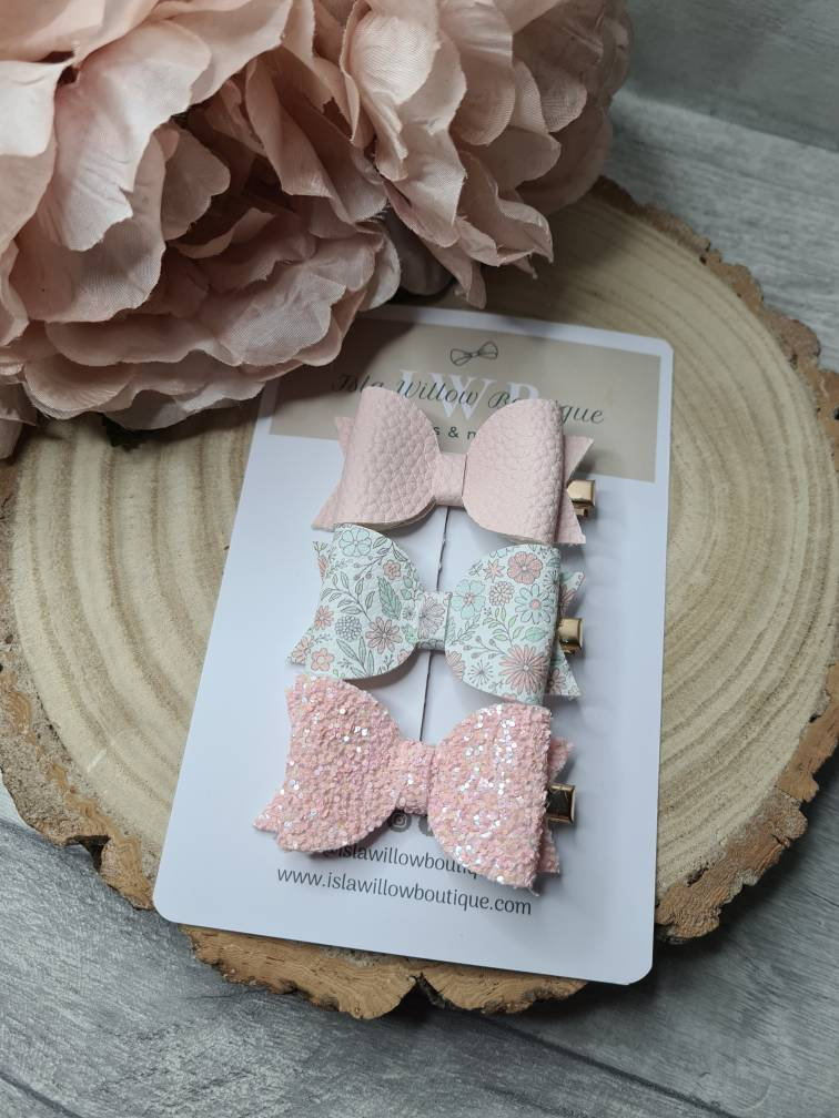 Pink Ditsy Bow Clips / Floral clips, Fringe clip set, clip trio, gold clips, Ditsy bows, Glitter bows, Bow clip set, Pink bows, Girls Bows - Thumbnail 2