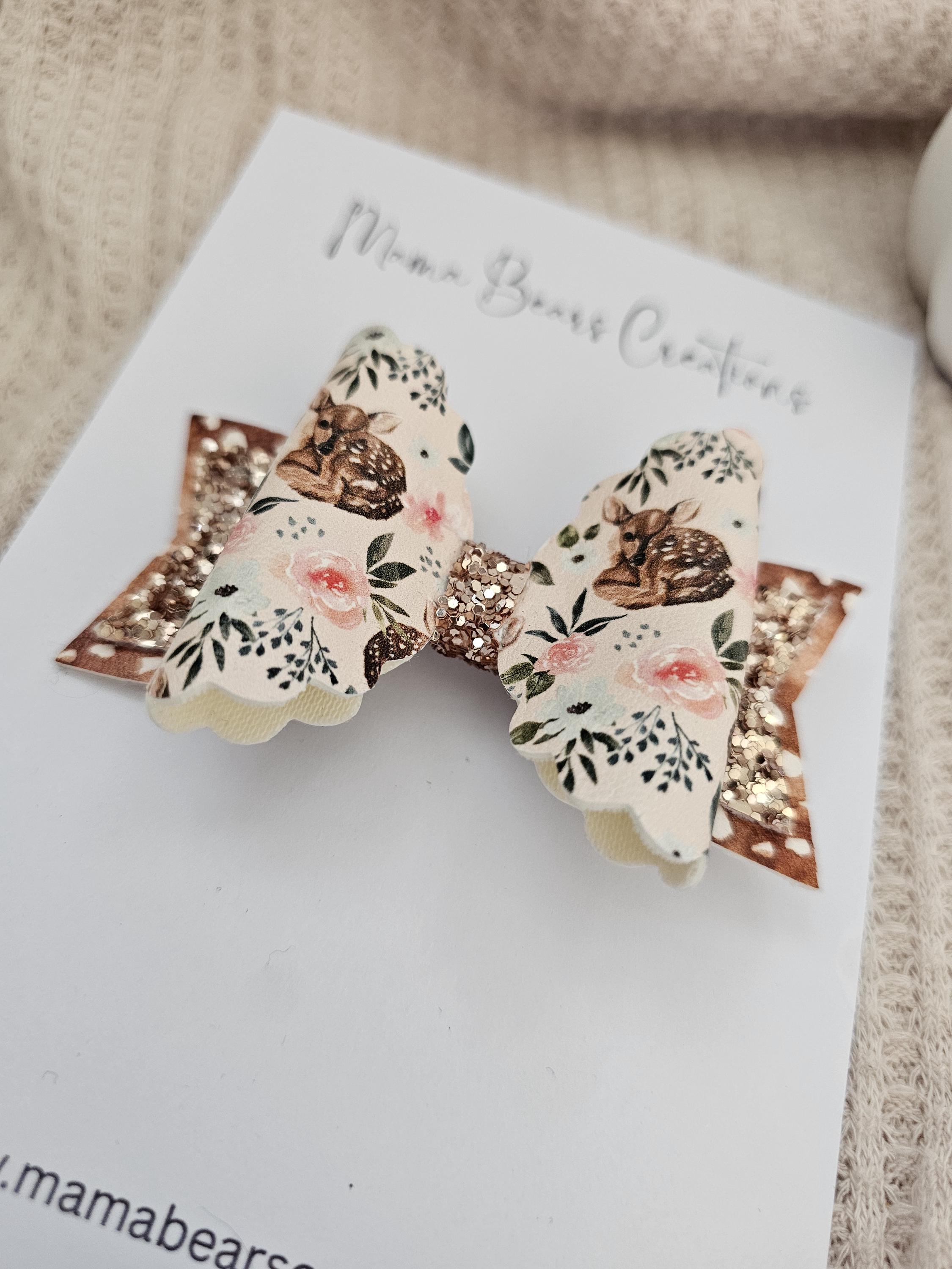 Autumn Fawn Hair Bow, Woodland Deer Bow, Floral Fall Hair Clip, Toddler Pigtail Bows, Baby Headband, Autumn Accessories for Girls - Thumbnail 3