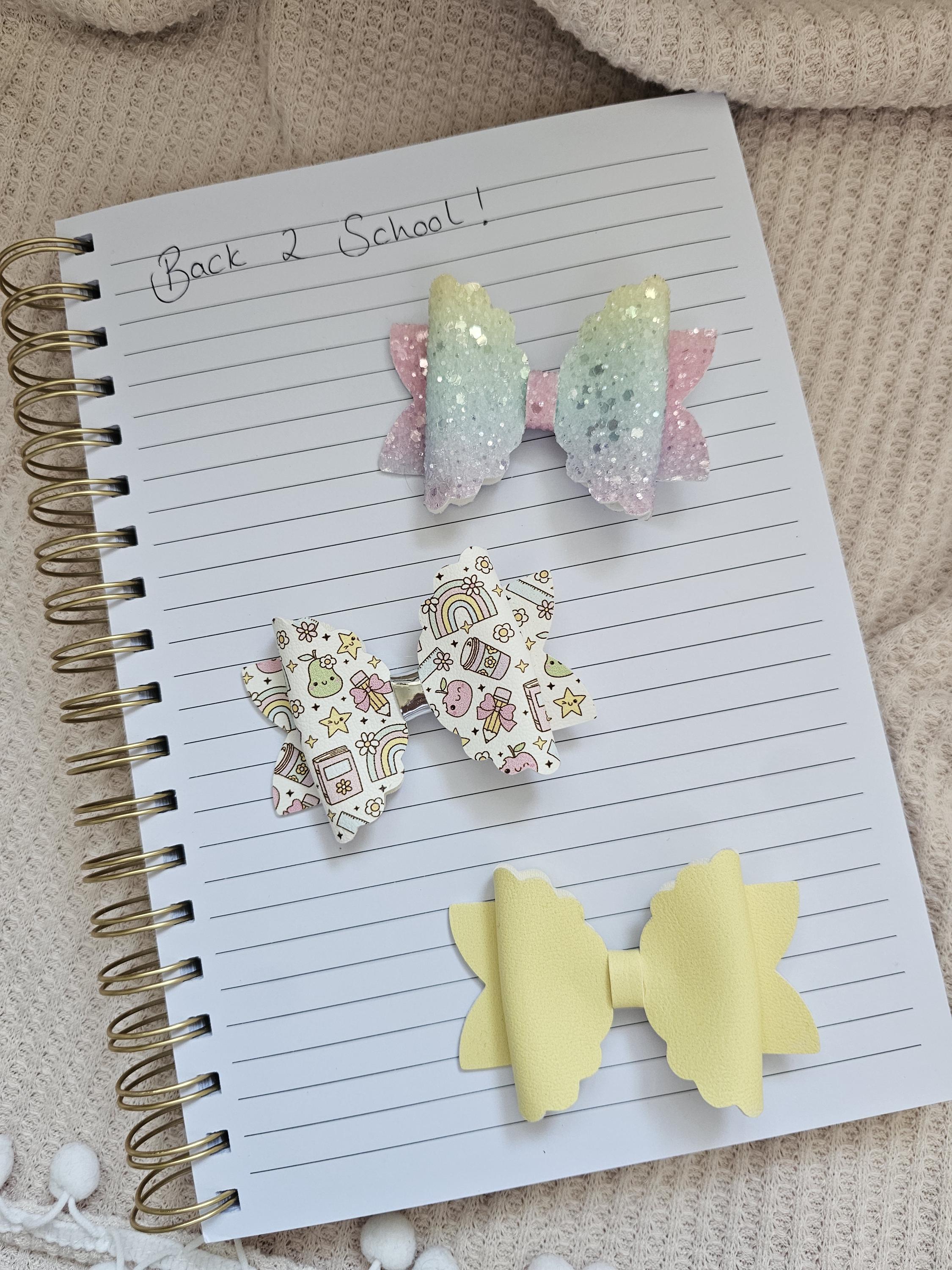 Back to School Hair Bow Set | Girls Faux Leather Hair Clips | Pastel Glitter Bow | Rainbow School Bow | Handmade Hair Accessories | Bobbles - Thumbnail 2