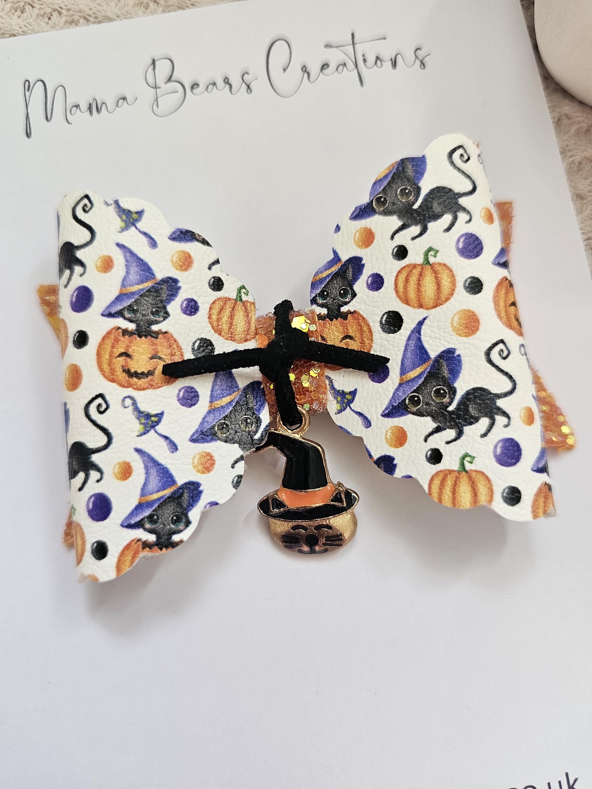 Halloween Cat Bow, Pumpkin Bow, Scaredy Cat Hair Bow, Girls Halloween Bow, Spooky Bow Clip, Halloween Hair Accessories - Thumbnail 2