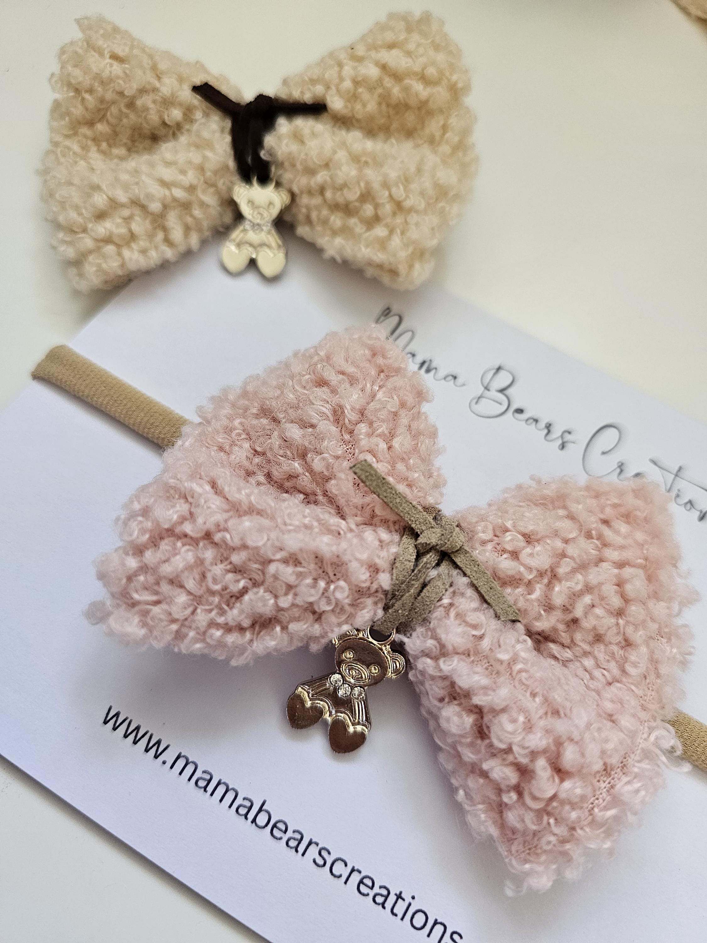 Teddy Luxe Bouclé Bow | Soft Neutral Hair Clip with Bear Charm | Cosy Autumn Hair Accessory | Baby, Toddler, Girls & Mama - Thumbnail 2
