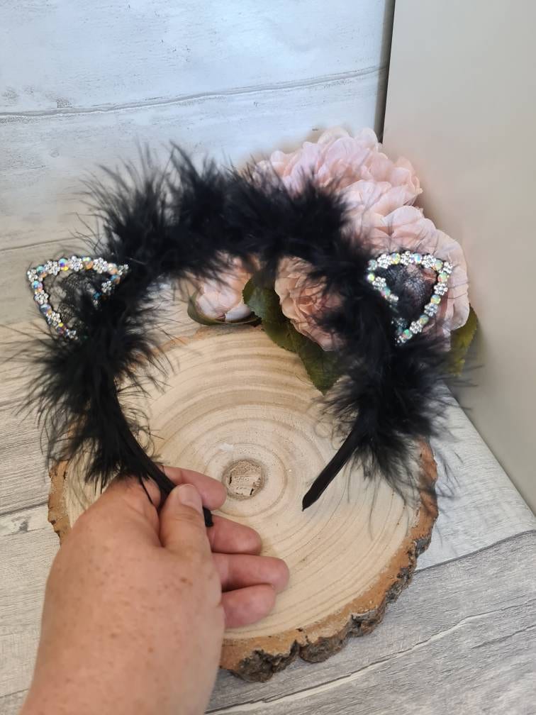 Halloween Cat Ear Headband, Black Cat Ears, Girls Halloween Costume, Lace and Diamanté Cat Ears, Halloween Trick or Treat Outfit - Thumbnail 3
