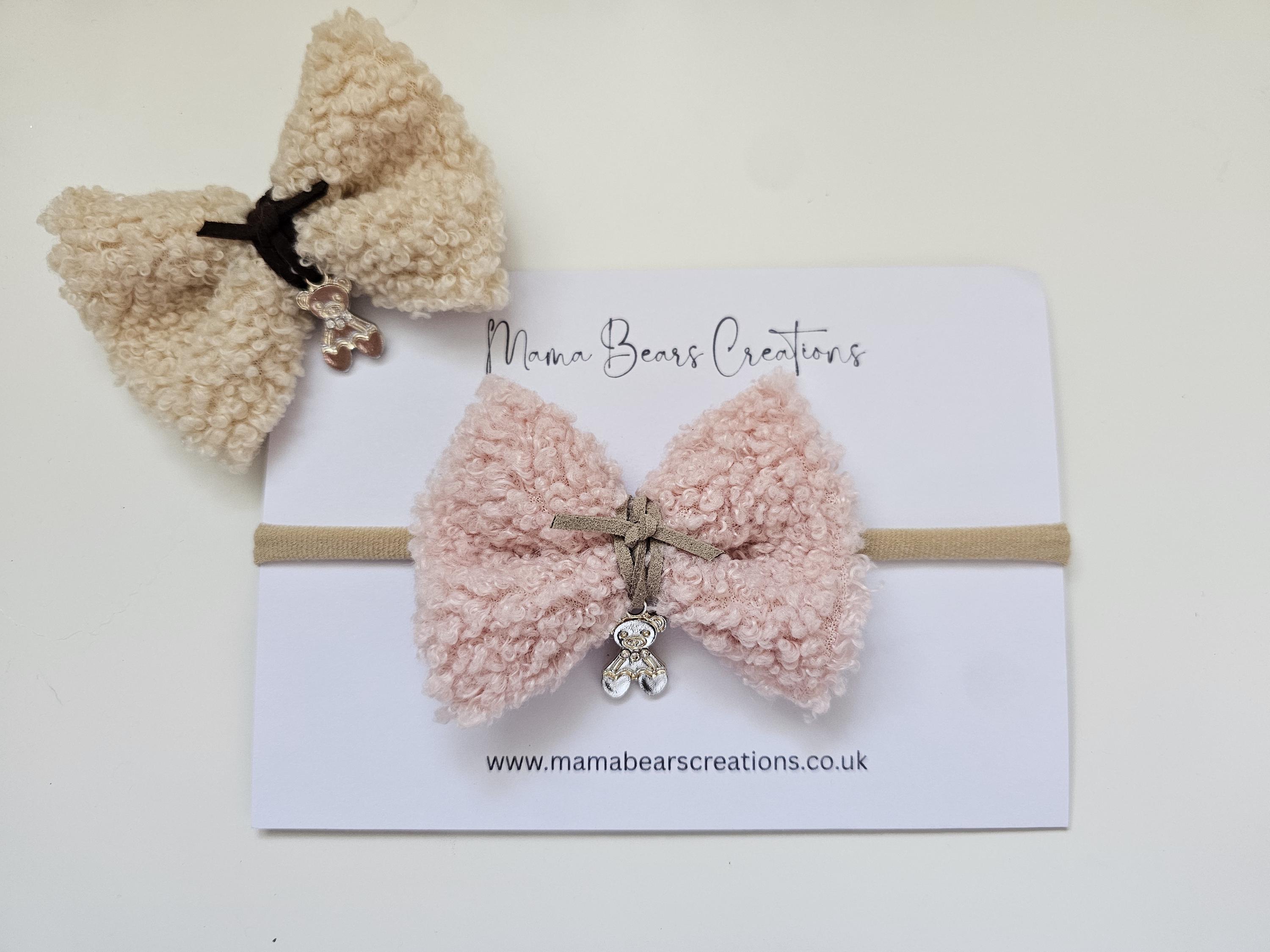 Teddy Luxe Bouclé Bow | Soft Neutral Hair Clip with Bear Charm | Cosy Autumn Hair Accessory | Baby, Toddler, Girls & Mama - Thumbnail 3