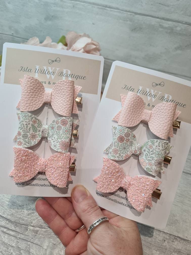 Pink Ditsy Bow Clips / Floral clips, Fringe clip set, clip trio, gold clips, Ditsy bows, Glitter bows, Bow clip set, Pink bows, Girls Bows - Image 1