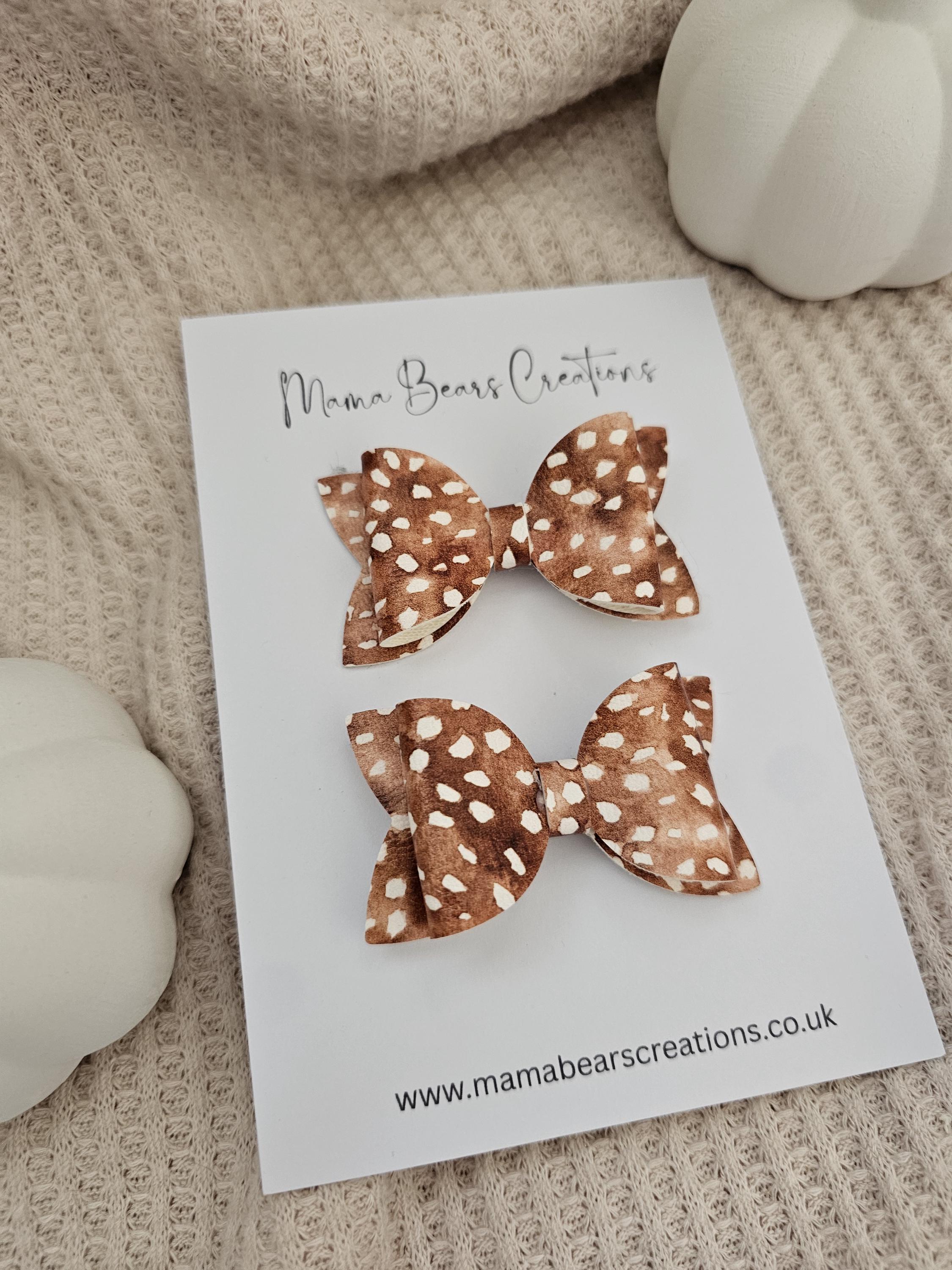Autumn bows, Fawn bows, Deer bows, Woodland animal bow, Gifts for girls, Pigtail bows, Brown bows, Bow hairclips, Bow piggy's, Animal print - Thumbnail 3