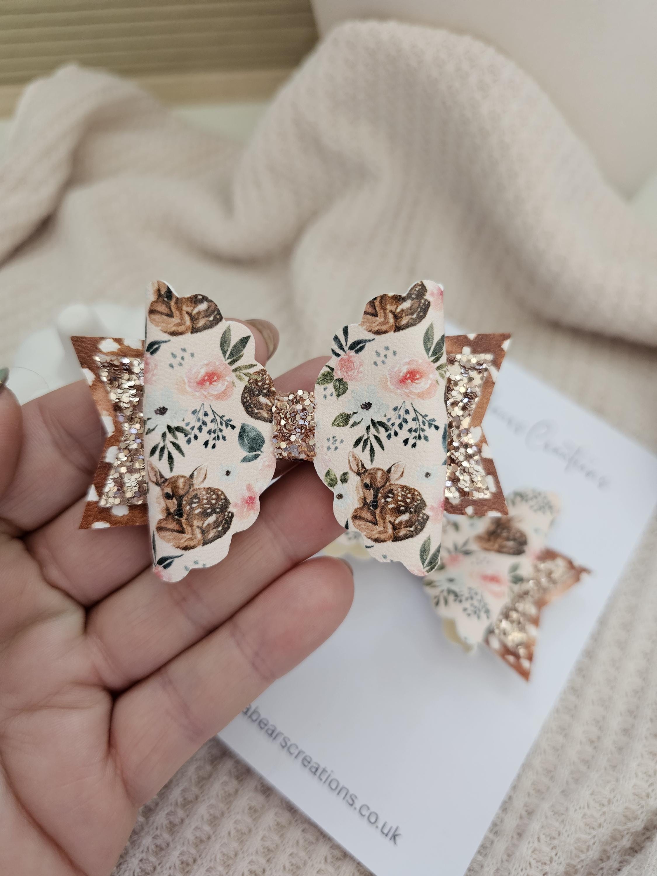 Autumn Fawn Hair Bow, Woodland Deer Bow, Floral Fall Hair Clip, Toddler Pigtail Bows, Baby Headband, Autumn Accessories for Girls - Thumbnail 4