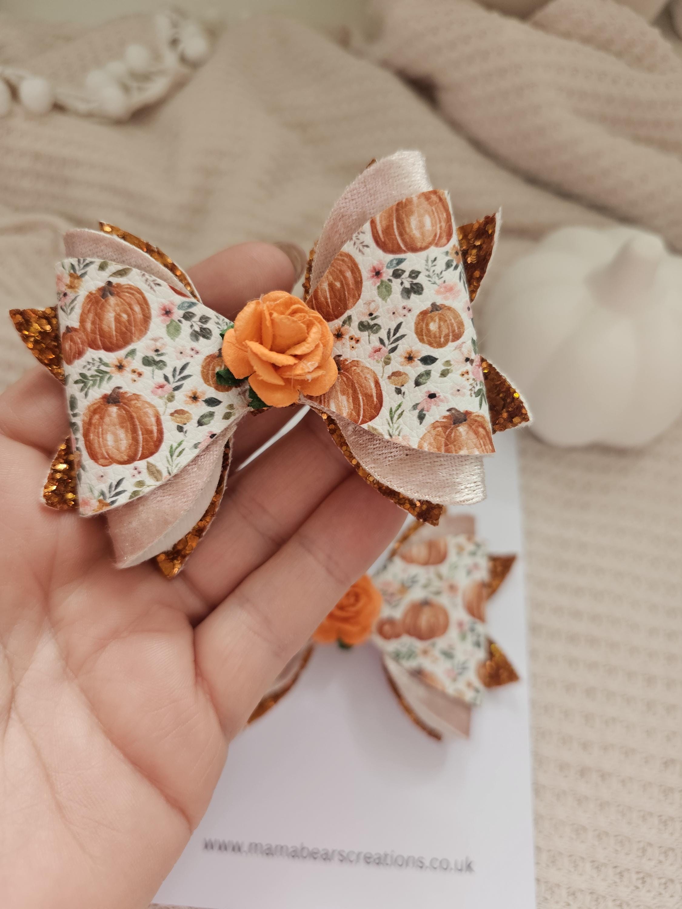 Pumpkin Hair Bows, Halloween Bows for Girls, Autumn Floral Hair Clips, Fall Accessories, Toddler Hairbands, Orange Rose Bows, Pumpkin Patch - Thumbnail 4