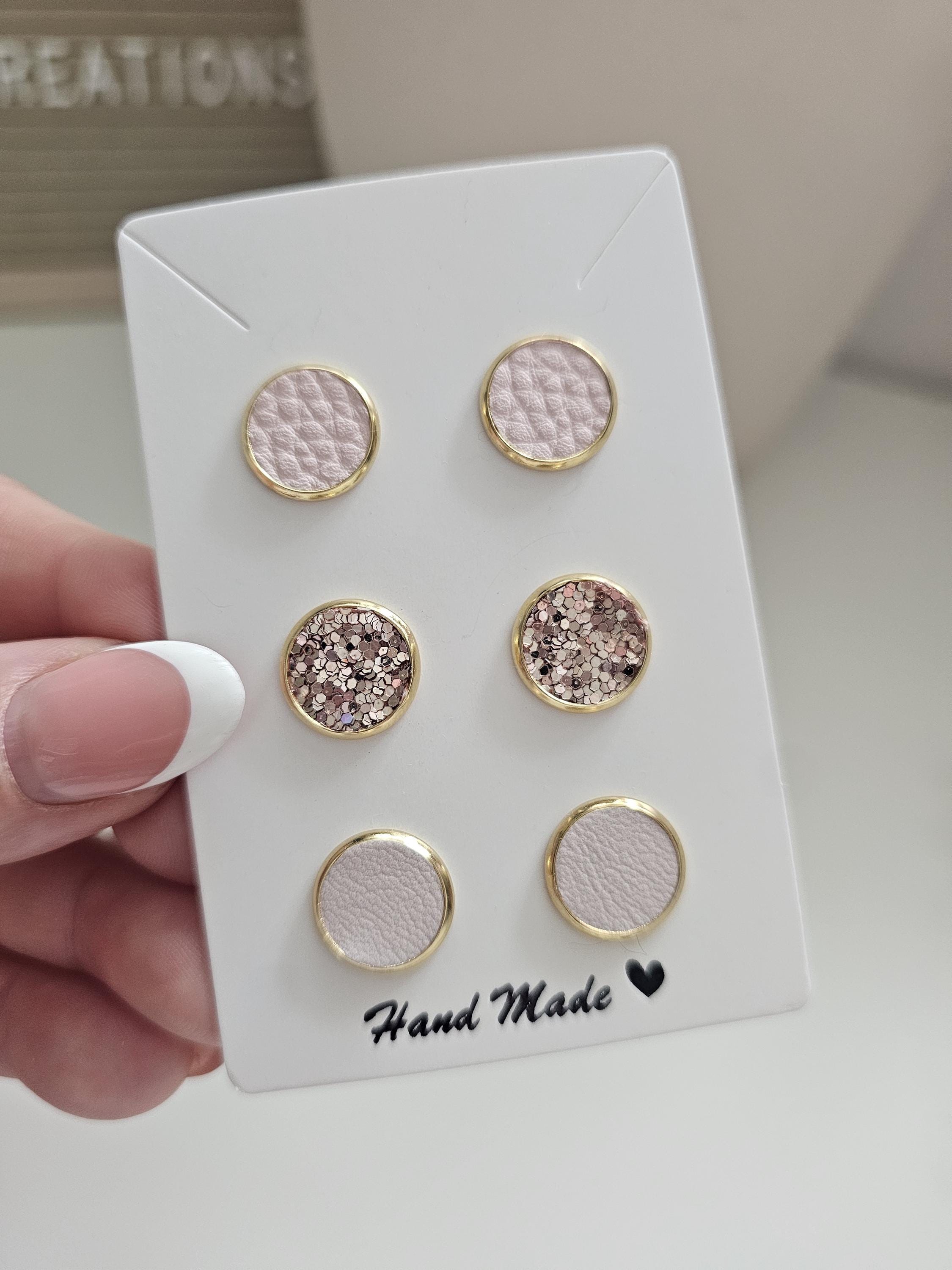 Barely There Stud Earrings Set - Eco-Friendly - Faux Leather - 3 Pair Pastel Glitter Studs - Hypoallergenic Gold Earrings - Gift for Her - Thumbnail 2