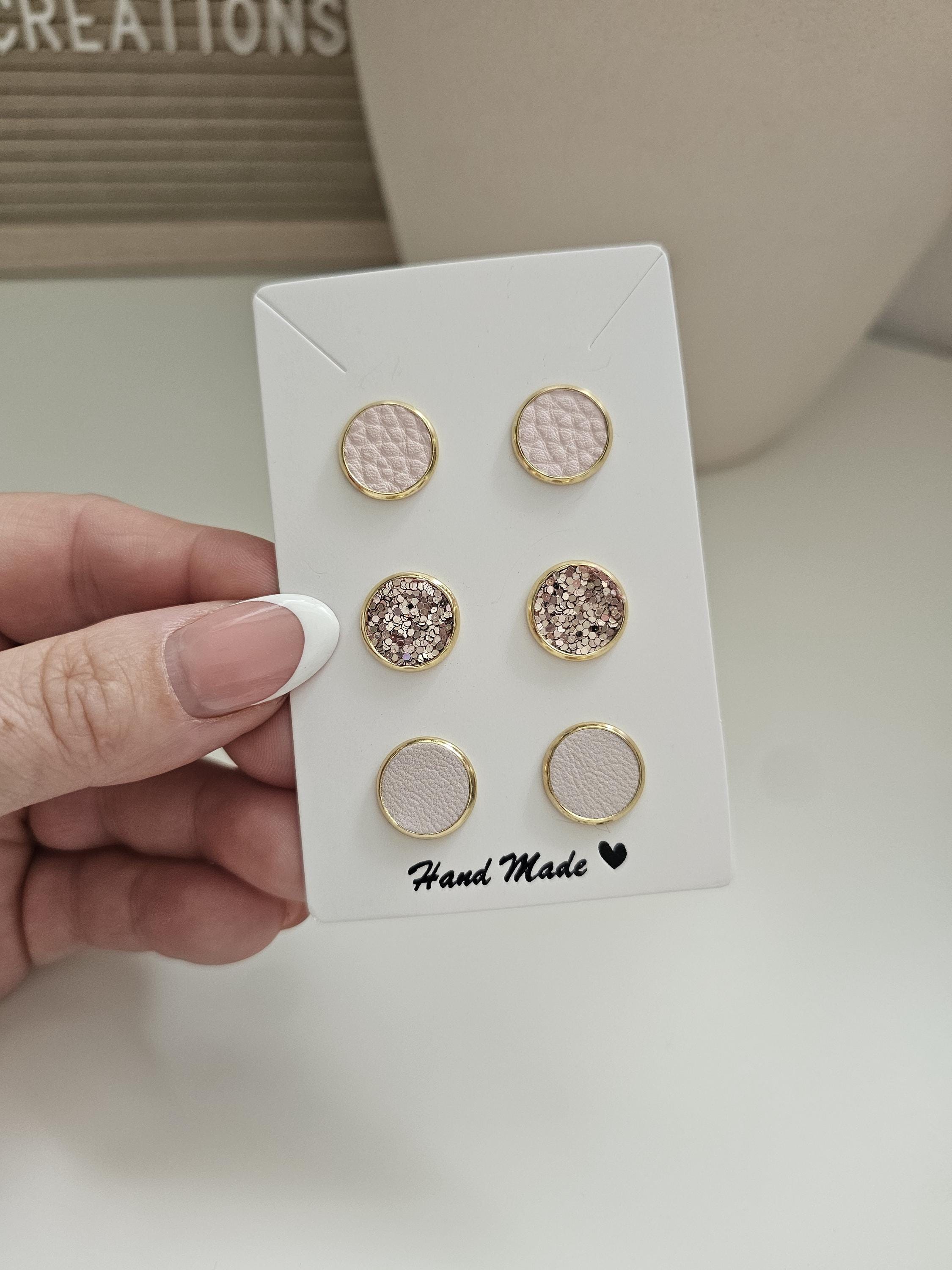 Barely There Stud Earrings Set - Eco-Friendly - Faux Leather - 3 Pair Pastel Glitter Studs - Hypoallergenic Gold Earrings - Gift for Her