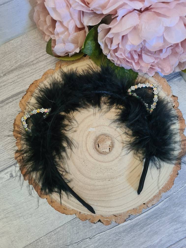 Halloween Cat Ear Headband, Black Cat Ears, Girls Halloween Costume, Lace and Diamanté Cat Ears, Halloween Trick or Treat Outfit - Image 1