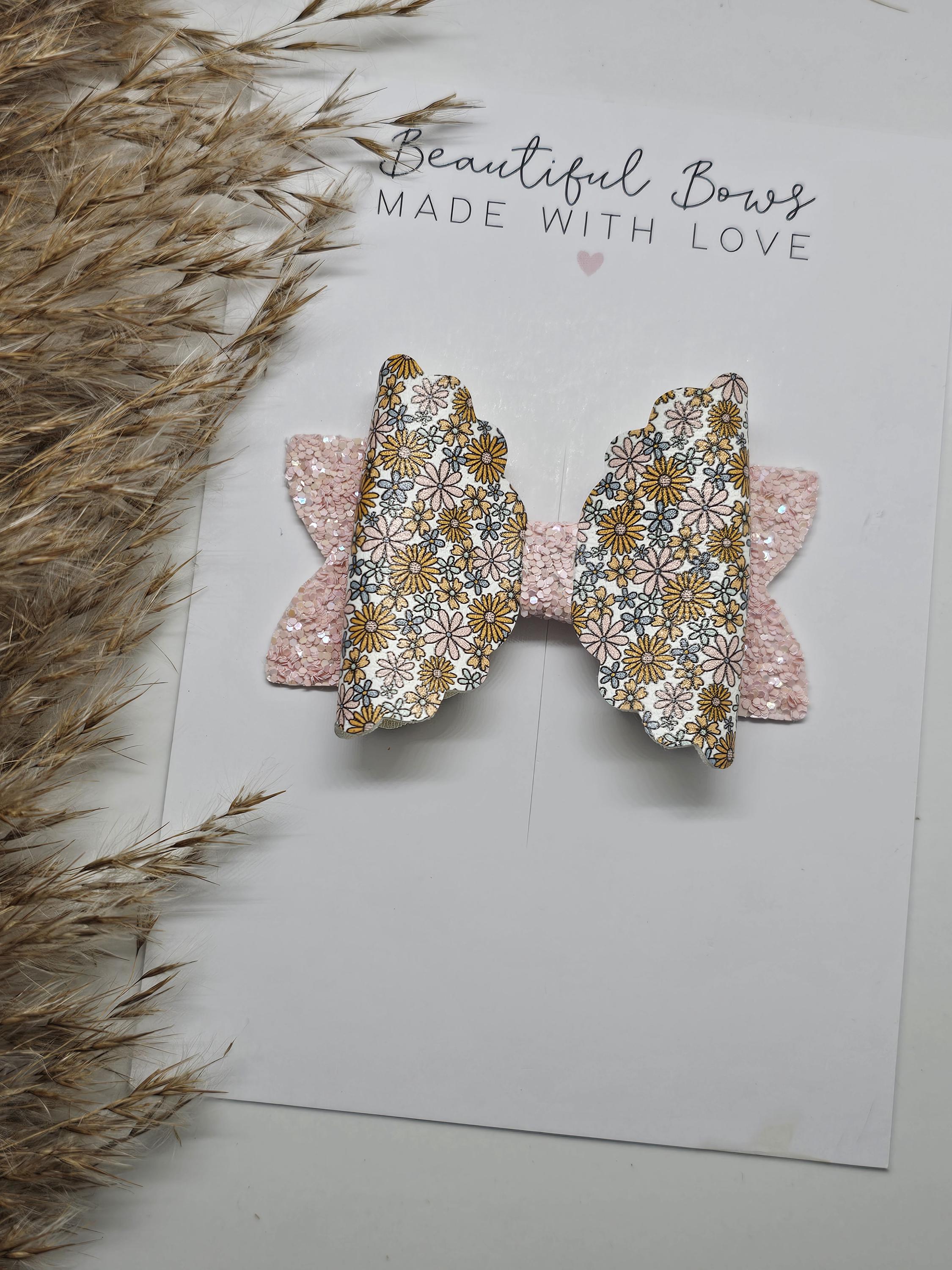 Autumn Floral Hair Bow, Fall Bow Clip, Baby Headband, Toddler Hair Accessories, Pink & Orange Bow, Glitter Bows, Handmade Gifts for Girls - Thumbnail 2