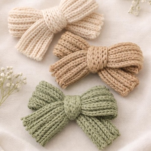 Chunky Knit Hair Bow | Hand-Tied Bow Clip | Neutral Hair Bow | Girls Hair Accessory | Cream Tan Sage Bow