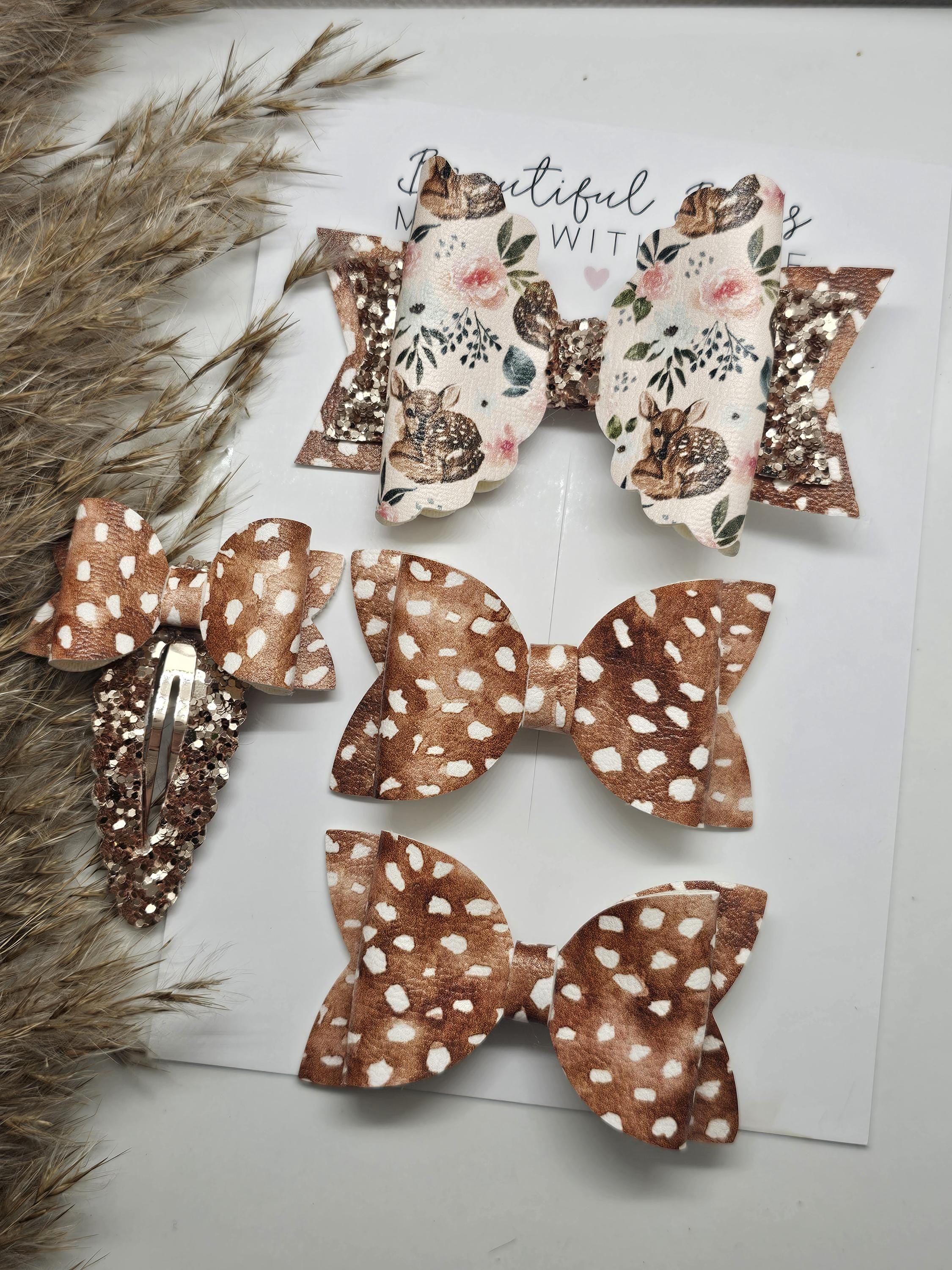 Autumn bows, Fawn bows, Deer bows, Woodland animal bow, Gifts for girls, Pigtail bows, Brown bows, Bow hairclips, Bow piggy's, Animal print - Thumbnail 4