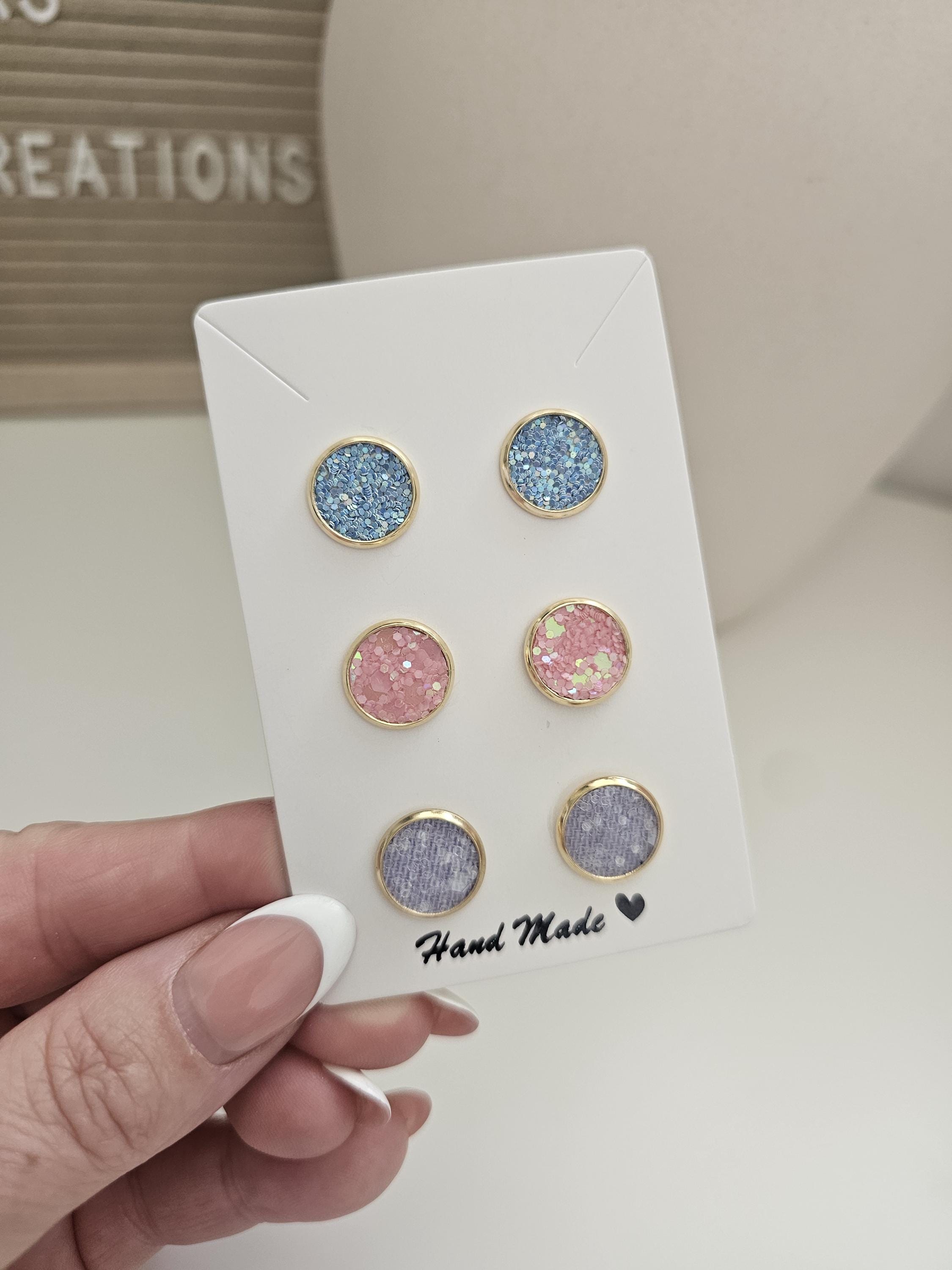 Mermaid Stud Earrings Set - Eco-Friendly - Faux Leather - 3 Pair Pastel Glitter Studs - Hypoallergenic Gold Earrings - Gift for Her
