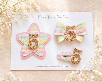 Pastel Rainbow Birthday Hair Accessories | Custom Age Bow Clip Badge Set | Glitter Number Birthday Bow | Girls Birthday Hair Clip