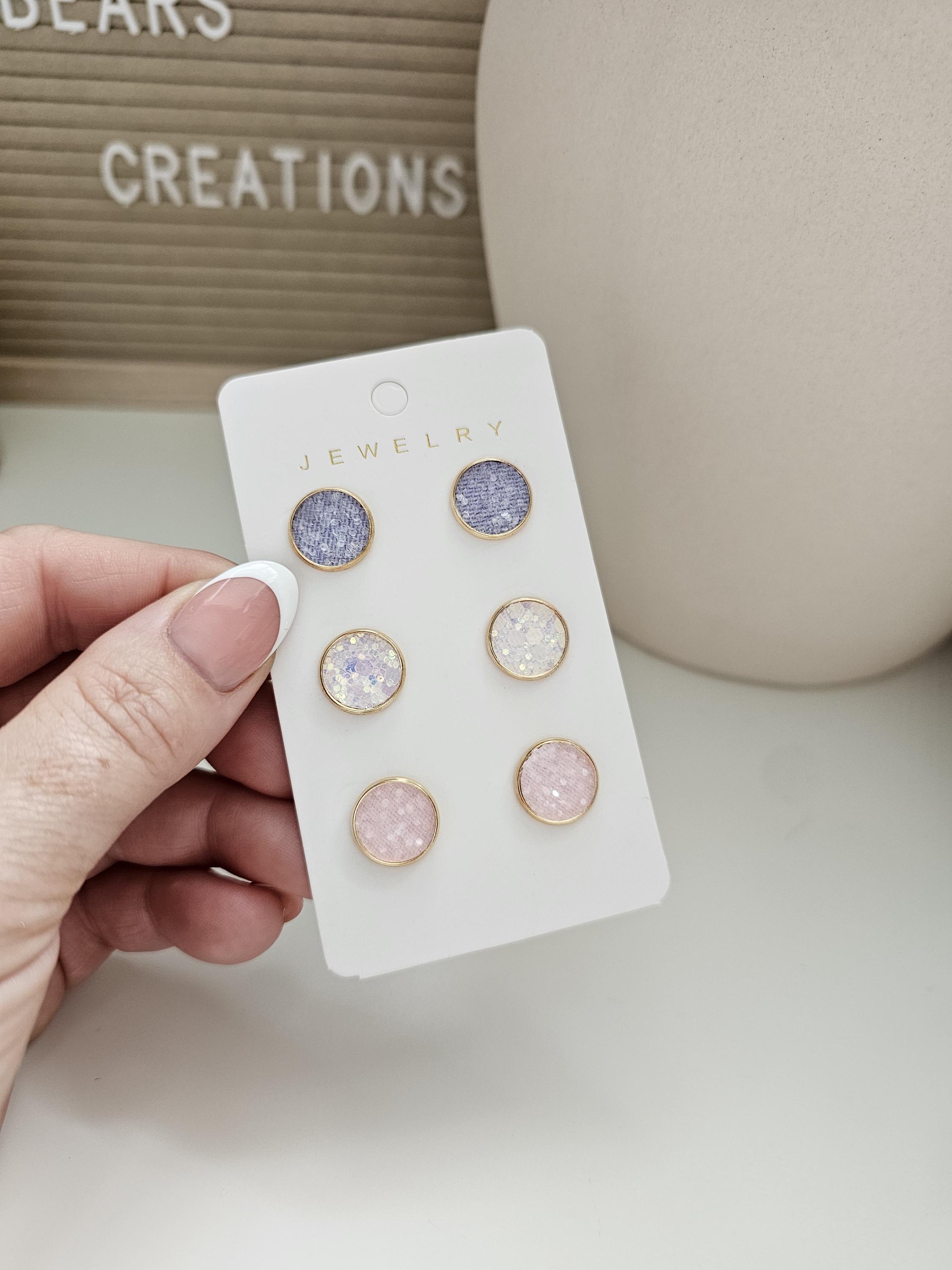 Fairy Stud Earrings Set - Eco-Friendly - Faux Leather - 3 Pair Pastel Glitter Studs - Hypoallergenic Gold Earrings - Gift for Her