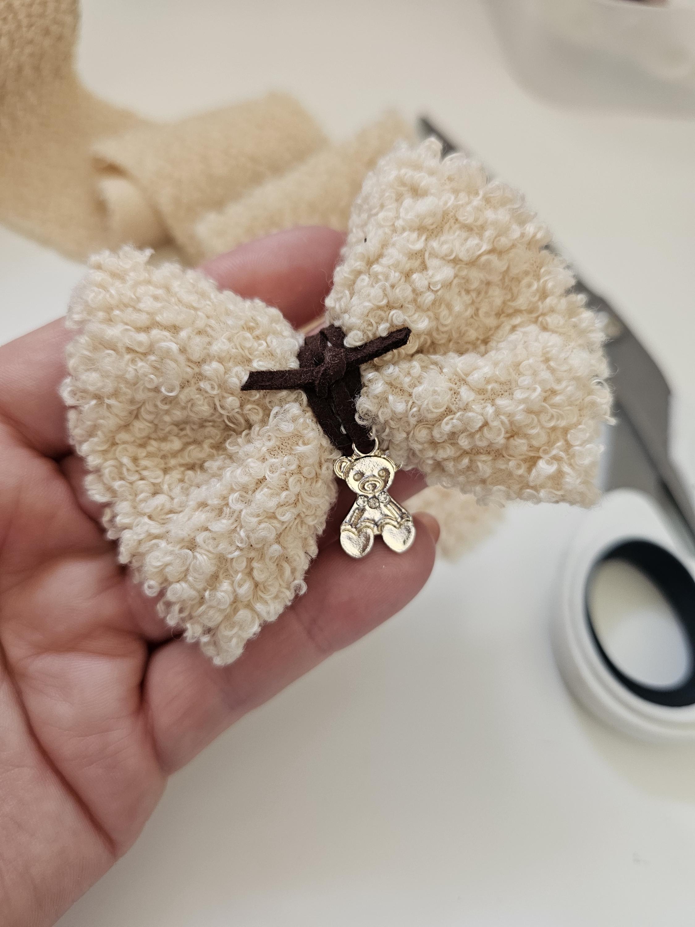 Teddy Luxe Bouclé Bow | Soft Neutral Hair Clip with Bear Charm | Cosy Autumn Hair Accessory | Baby, Toddler, Girls & Mama - Thumbnail 5