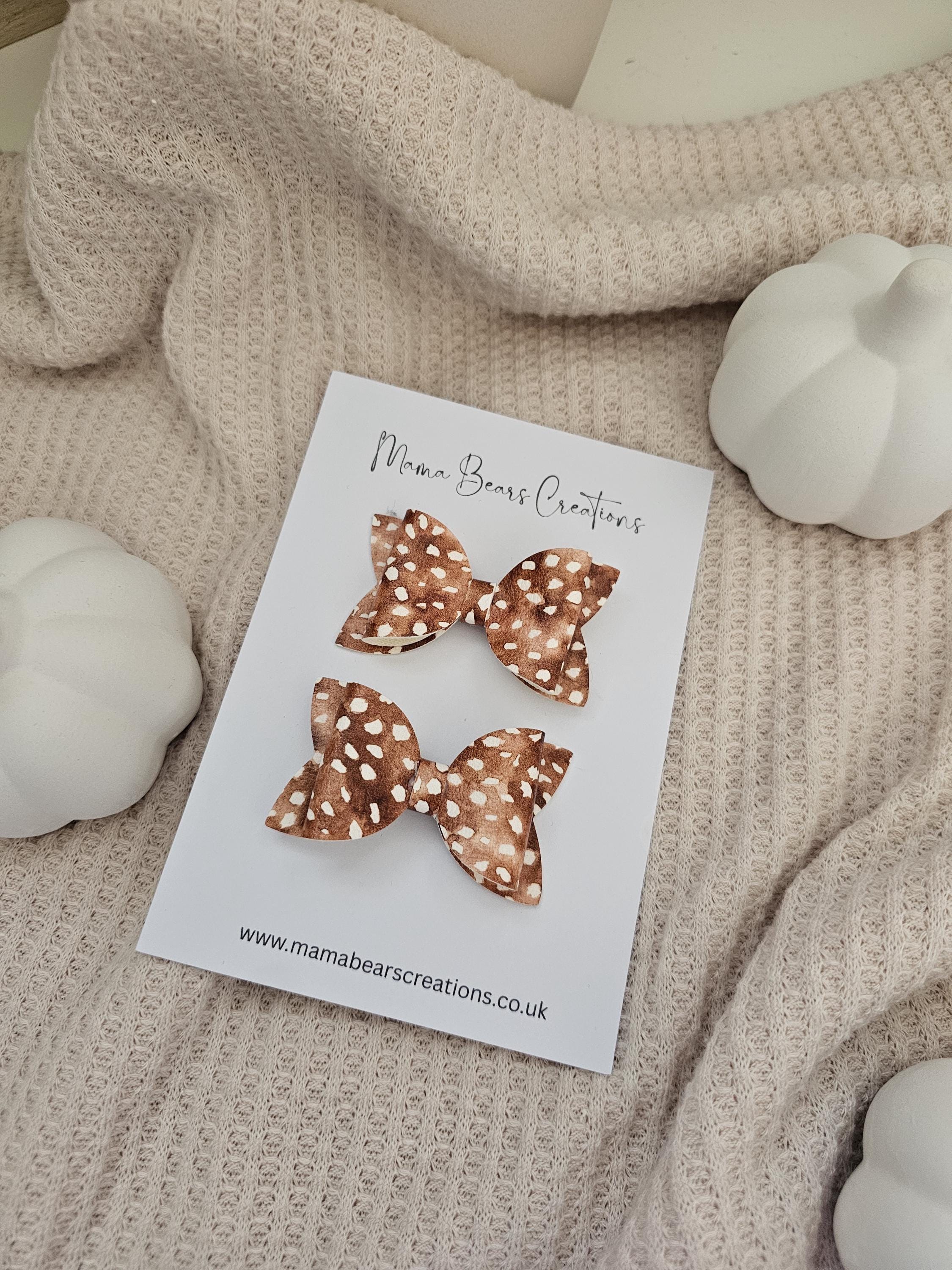 Autumn bows, Fawn bows, Deer bows, Woodland animal bow, Gifts for girls, Pigtail bows, Brown bows, Bow hairclips, Bow piggy's, Animal print - Thumbnail 2