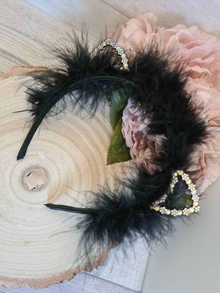 Halloween Cat Ear Headband, Black Cat Ears, Girls Halloween Costume, Lace and Diamanté Cat Ears, Halloween Trick or Treat Outfit - Thumbnail 2