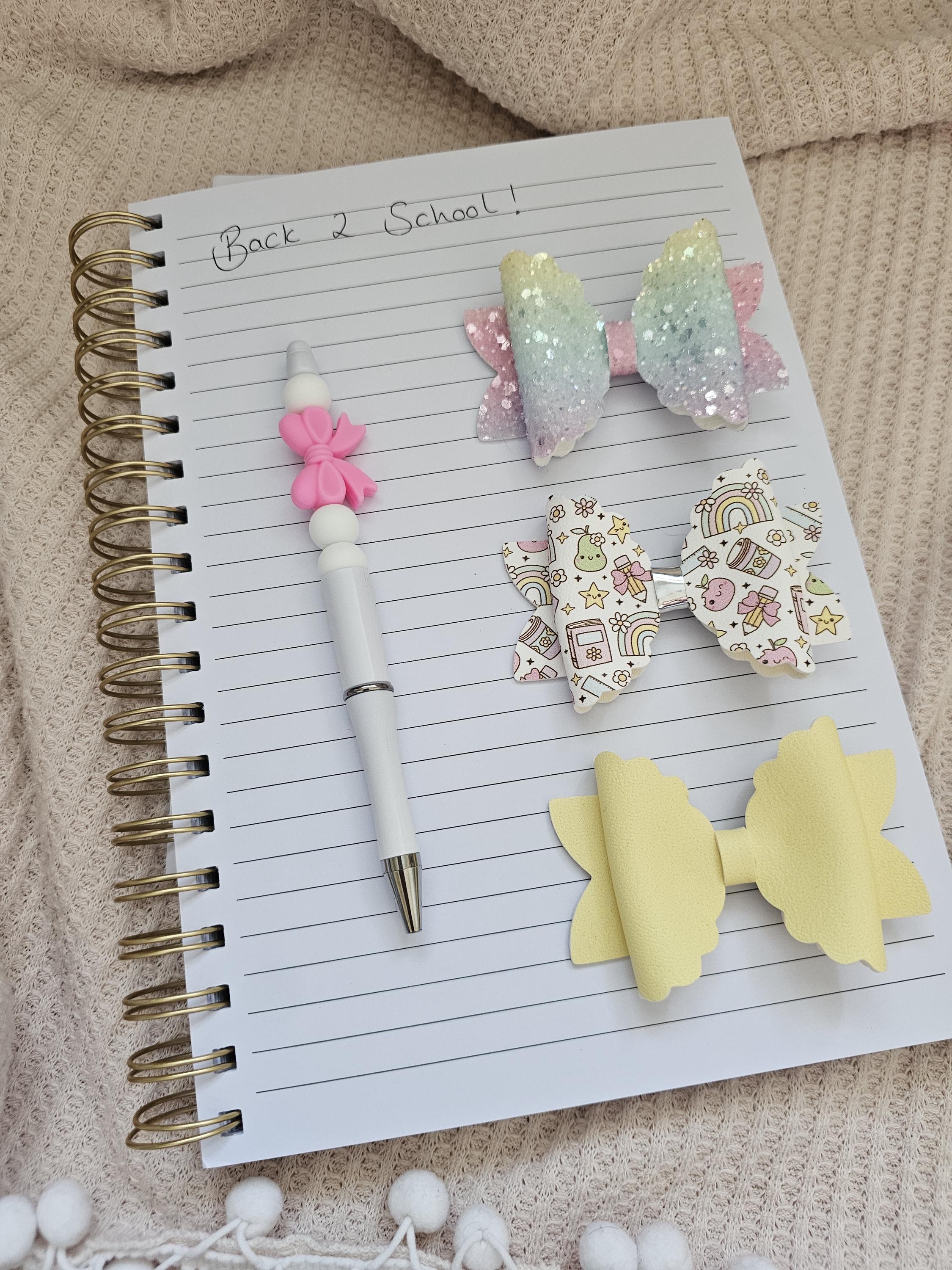 Back to School Hair Bow Set | Girls Faux Leather Hair Clips | Pastel Glitter Bow | Rainbow School Bow | Handmade Hair Accessories | Bobbles - Thumbnail 3