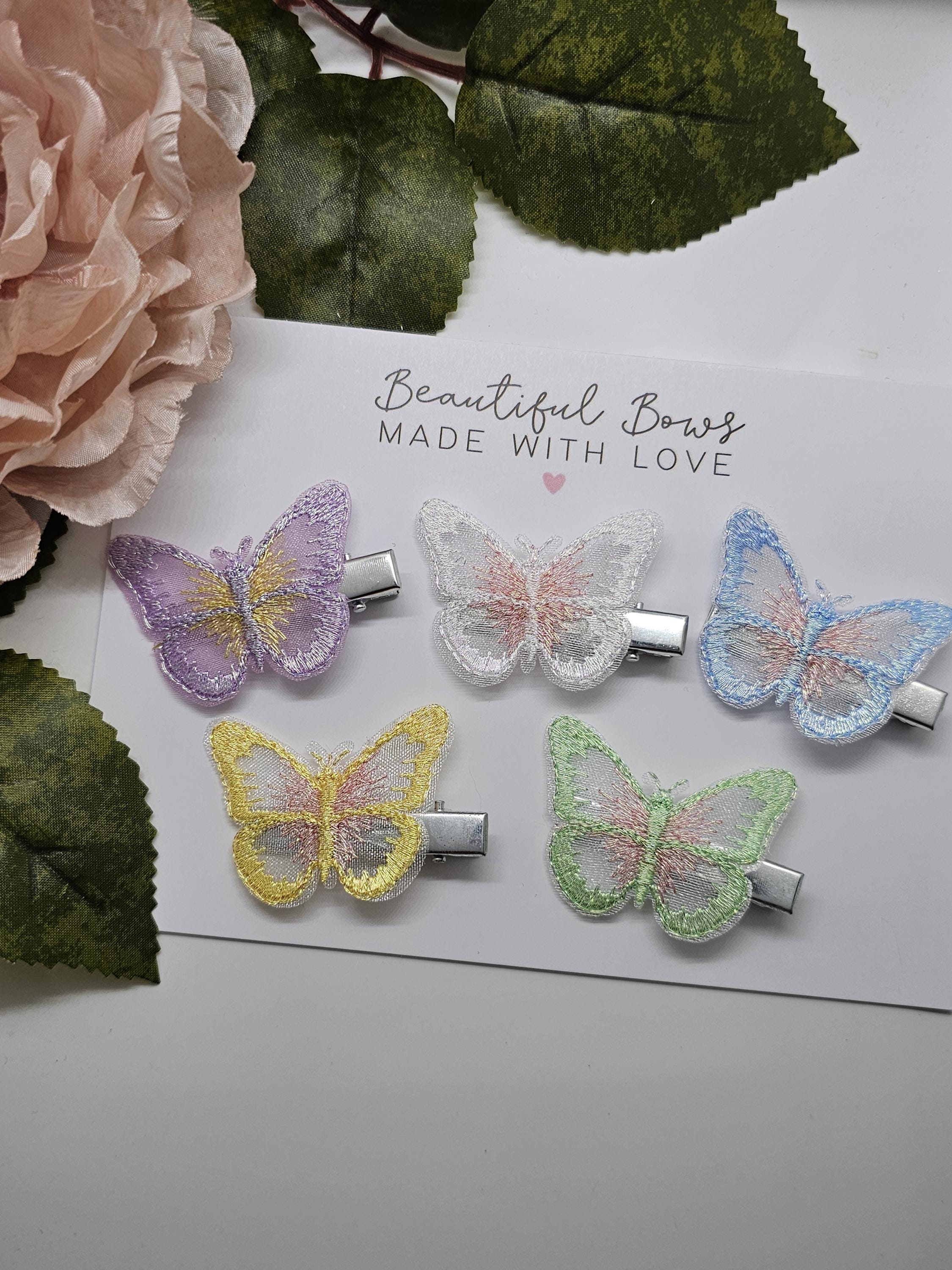 Mini Lace Butterfly Clips, Fringe clips, Girls hair accessories, Pastel butterflies, Baby girls hair accessories, Lilac, Blue, Yellow, White