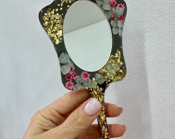 Pocket Mirror with Epoxy Finish - Funky and Irregular Makeup Mirror, Compact Vintage Gift for Sister or Mom, One of Kind Hand Mirror