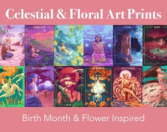 Birthstone and Birth Flower Inspired Art Prints - Celestial & Floral