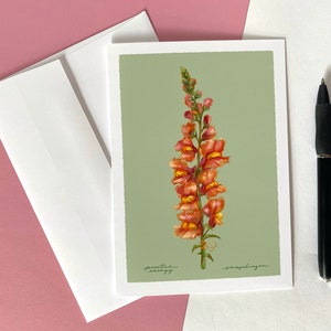 Orange Snapdragon Floral Greeting Card & Art Print - Flower Language &quot;Positive Energy&quot; - Envelope Included