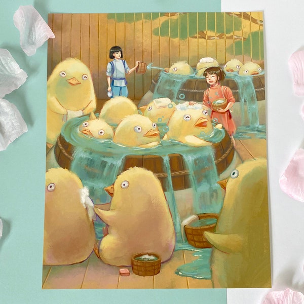 Chihiro and Haku Bathe the Chick Spirits - Spirited Away Fan Art Print