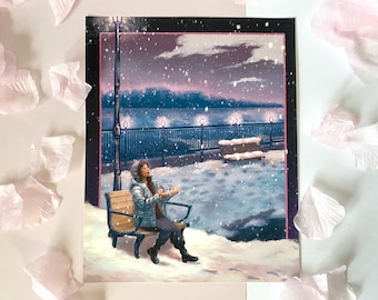 Sitting Under the Snow on a Lonely Bench - Wintry Vibes Illustration Art Print