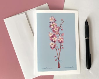 Pink Cherry Blossom Floral Greeting Card & Art Print - Flower Language "Renewal" - Envelope Included