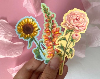 Summer Floral Die Cut Matte Stickers - Yellow Sunflower, Orange Snapdragon, Pink Peony