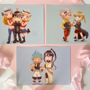May include: Four illustrated characters from the anime Soul Eater. The first image shows three characters: a girl with a blue and white hat, a boy with black hair and a black and white outfit, and a girl with a yellow and white hat. The second image shows two characters: a boy with a yellow and red outfit and a girl with a red and white outfit. The third image shows two characters: a boy with blue hair and a girl with black hair.