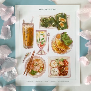 May include: Illustration of Vietnamese food, including a tall glass of iced coffee, a dessert drink in a stemmed glass, and various dishes on plates. The image is labeled "Vietnamese Food" at the top and includes numbered labels for each dish.