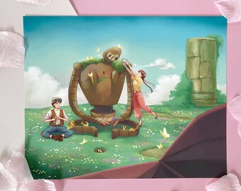 Sheeta and Pazu Make Flower Crowns with the Robot - Castle in the Sky Fan Art Print