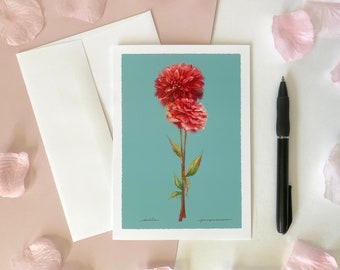 Red Dahlia Floral Greeting Card & Art Print - Flower Language "Perseverance" - Envelope Included