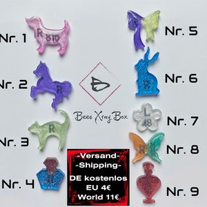 Könnte beinhalten: Neun Harz-Anhänger in verschiedenen Formen und Farben, darunter ein Hund, ein Pferd, eine Katze, eine Flasche, ein Schmetterling, eine Blume, ein Kaninchen und ein Vogel. Die Anhänger sind alle durchscheinend und haben eingearbeiteten Glitzer. Die Anhänger sind von 1 bis 9 nummeriert.