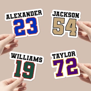 Personalized name sticker with number | Water bottle, tumbler, laptop decal | custom, collegiate varsity font, jersey number, sport