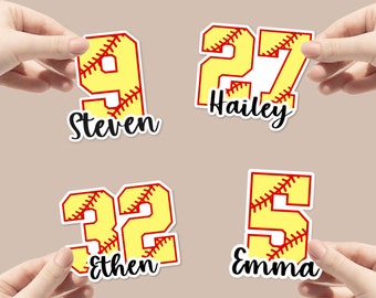 Personalized name sticker with softball number | Water bottle, tumbler, laptop decal | softball, custom, collegiate font