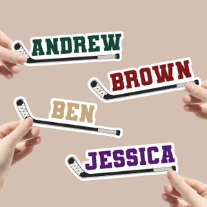 Personalized name sticker with hockey sticker | Water bottle, tumbler, laptop decal | hockey player, custom, collegiate font, sport, team