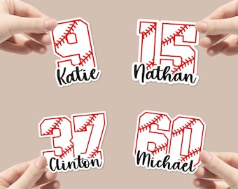 Personalized name sticker with baseball number | Water bottle, tumbler, laptop decal | baseball, custom, collegiate font