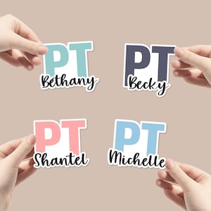 May include: Four personalised stickers with the letters "PT" in different colours and names below. The stickers are teal, grey, pink, and light blue.