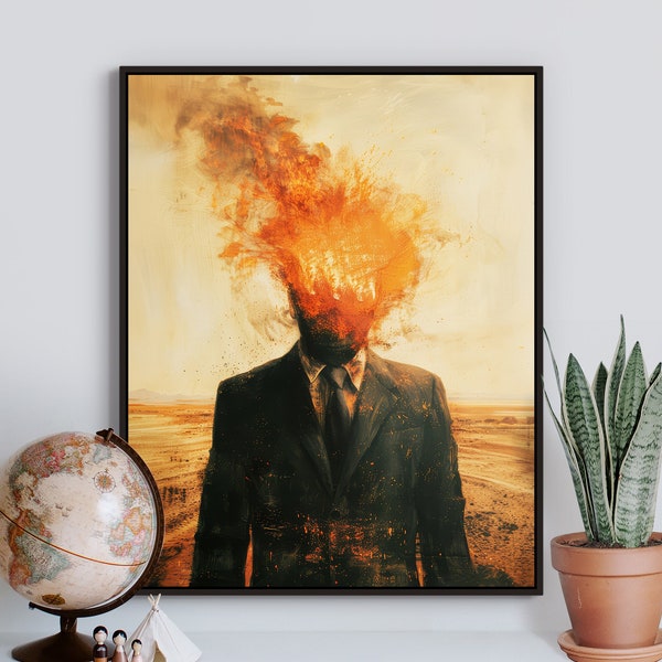 Unframed Printed Poster | Burning Man Portrait | Surreal Art | Expressive Inferno | Thought Provoking | Fire | Psychedelic | Contemporary