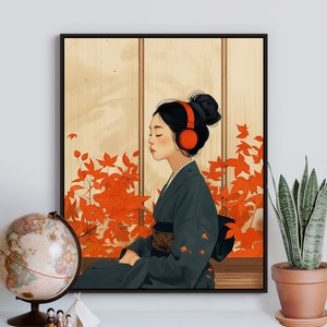 Lo-fi Art | Unframed Poster | Music Lover | Autumn Orange Leaves | Meditation | Ambient Vibe | Relaxed | Chill Print | Asian Setting
