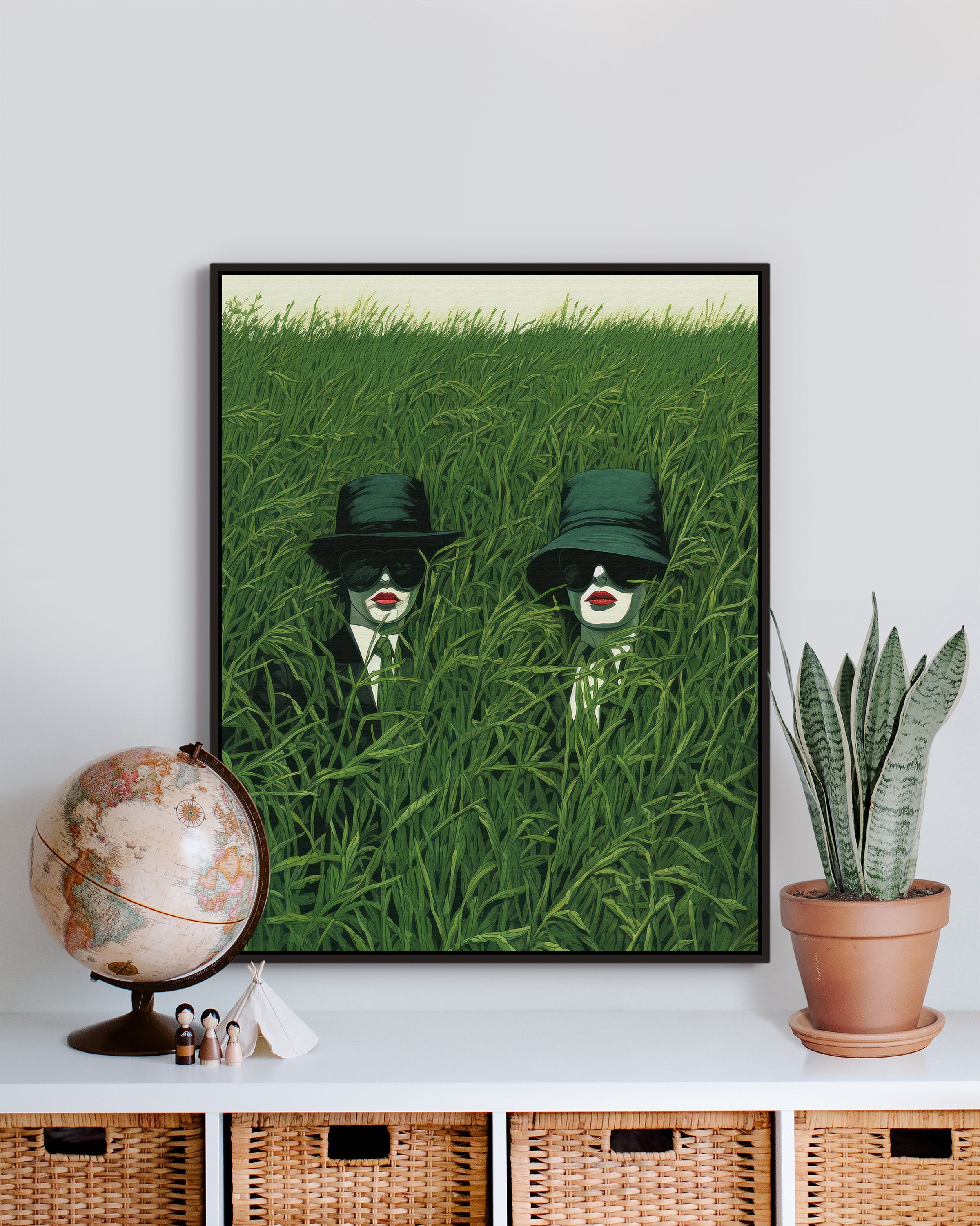 Unframed Printed Art Surreal Suits Inspired by Rene Magritte Tall Green