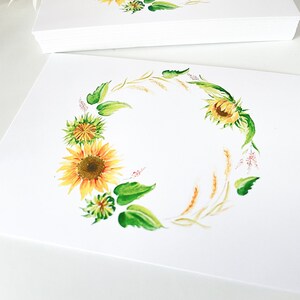 Bloemen blanco kaart met zonnebloemkrans, elke gelegenheid kaart, mini art print, A6
