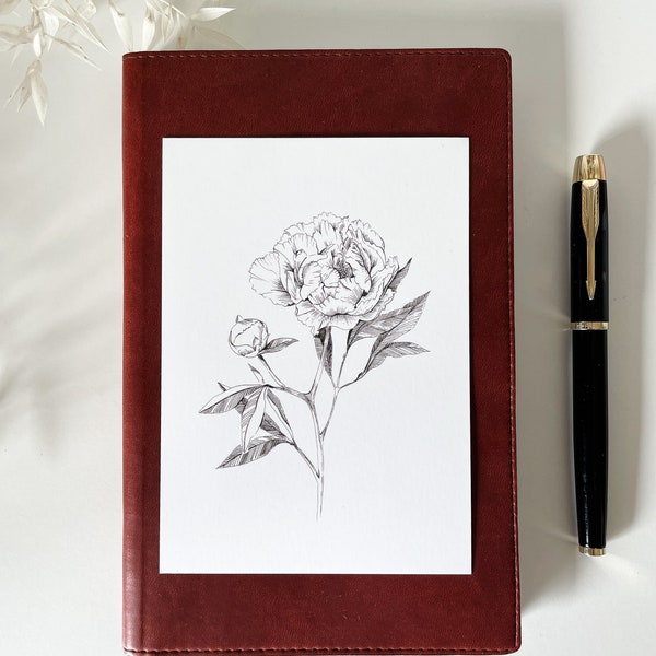 Peony greeting card, black and white, botanical drawing, minimalistic card