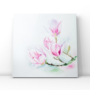 Acuarela original, Magnolia rosa, Arte original, Arte botánico de pared de 40x40 cm, decoración de la habitación